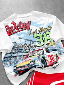 Tween Boy Casual Comfortable Fashion Minimalist Crew Neck Short Sleeve Flare Pants T-Shirt Set, Classic Handsome Retro Racing Car Graphic Print, Classic Text Graphic Print, Suitable For Sports, Y2K - Multicolor - View 4