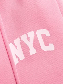 SHEIN 兒童青少年女孩秋冬休閒保暖內裡加厚運動衫套裝，紐約市印花，寬鬆圓領落肩長袖套頭衫，搭配印花百褶寬腿直筒運動長褲，2件式運動衫套裝，麻灰色 - 黃色 - 查看 6