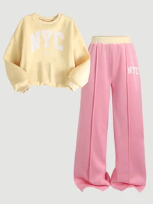 SHEIN 兒童青少年女孩秋冬休閒保暖內裡加厚運動衫套裝，紐約市印花，寬鬆圓領落肩長袖套頭衫，搭配印花百褶寬腿直筒運動長褲，2件式運動衫套裝，麻灰色 - 黃色 - 查看 4
