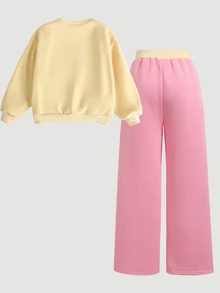 SHEIN 兒童青少年女孩秋冬休閒保暖內裡加厚運動衫套裝，紐約市印花，寬鬆圓領落肩長袖套頭衫，搭配印花百褶寬腿直筒運動長褲，2件式運動衫套裝，麻灰色 - 黃色 - 查看 3