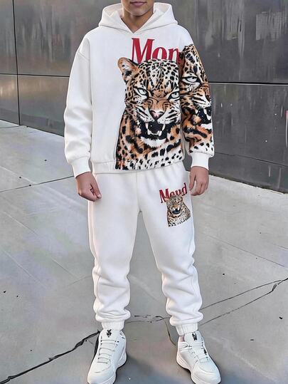 SHEIN Teen Boy 豹子印花长袖连帽卫衣和卫裤休闲套装