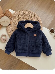 SHEIN 男嬰連帽長袖冬季外套，保暖內裡加厚 - 寶藍色 - 查看 6