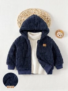 SHEIN 男嬰連帽長袖冬季外套，保暖內裡加厚 - 寶藍色 - 查看 5