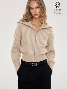 ATUI Studio Women's New Autumn/Winter Ribbed Collar Zip-Up Short Cardigan Jacket, Drop Shoulder Long Sleeve With Cuffed Cuffs, High Waist Hem, Casual Versatile Open Front - Khaki - View 6