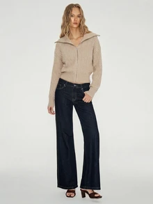 ATUI Studio Women's New Autumn/Winter Ribbed Collar Zip-Up Short Cardigan Jacket, Drop Shoulder Long Sleeve With Cuffed Cuffs, High Waist Hem, Casual Versatile Open Front - Khaki - View 5