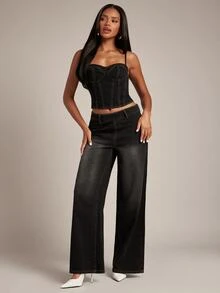 SHEIN BAE Women's Denim Camisole & Long Pants Set - Black - View 7
