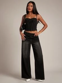 SHEIN BAE Women's Denim Camisole & Long Pants Set - Black - View 6