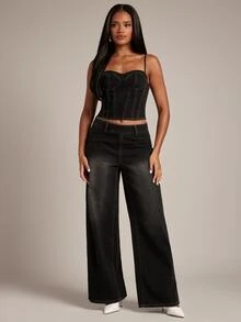 SHEIN BAE Women's Denim Camisole & Long Pants Set - Black - View 1