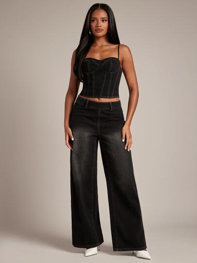 SHEIN BAE Bộ áo hai dây denim và quần dài cho nữ