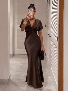 Silquee Women's Vintage Elegant Pleated Evening Dress Elegant Long Party Dress Autumn Outfit For Women  Holiday Dress Sexy Dresses For Women Festival - Brown - View 2