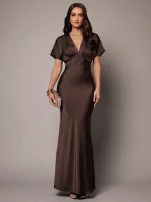 Silquee Women's Vintage Elegant Pleated Evening Dress Elegant Long Party Dress Autumn Outfit For Women  Holiday Dress Sexy Dresses For Women Festival - Brown - View 7