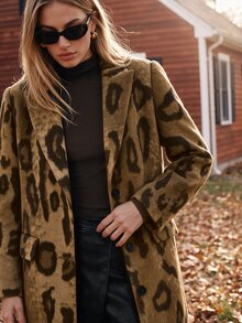 Anewsta Brown Animal Leopard Print Single-Breasted Notched Collar Long Sleeve H-Line Long Overcoat - Brown - View 2