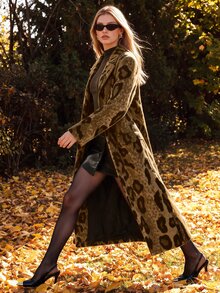 Anewsta Brown Animal Leopard Print Single-Breasted Notched Collar Long Sleeve H-Line Long Overcoat - Brown - View 5