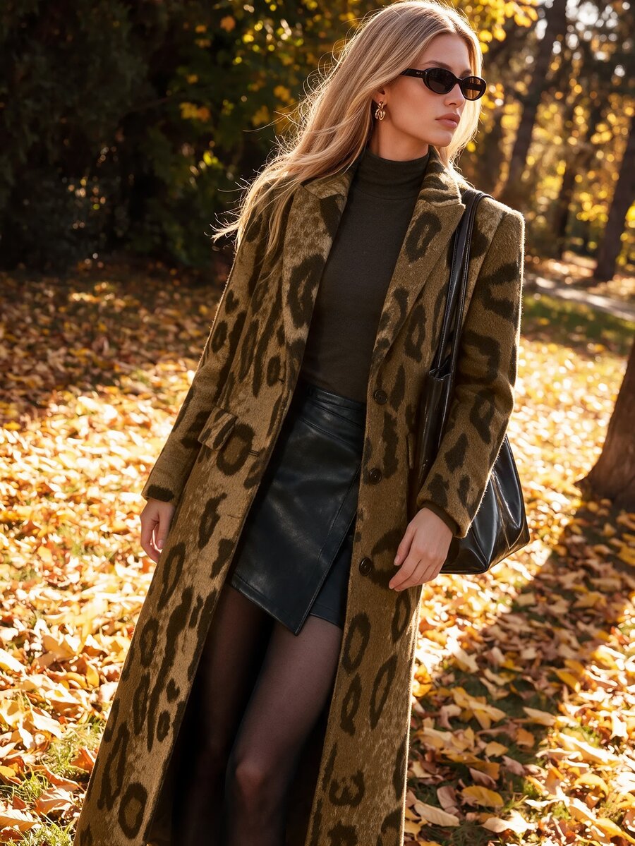 Anewsta Brown Animal Leopard Print Single-Breasted Notched Collar Long Sleeve H-Line Long Overcoat - Brown - View 1