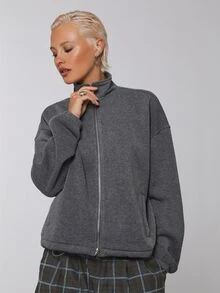 COUREZ Funnel Neck Balloon Zip Up Sweatshirt , Grunge Streetwear Casual Fall Rave Sweatshirt For Women Long Sleeve Y2K Dark Grey Everyday - Dark Grey - View 4