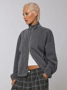 COUREZ Funnel Neck Balloon Zip Up Sweatshirt , Grunge Streetwear Casual Fall Rave Sweatshirt For Women Long Sleeve Y2K Dark Grey Everyday - Dark Grey - View 7