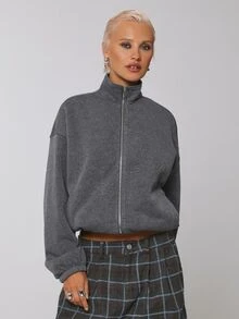 COUREZ Funnel Neck Balloon Zip Up Sweatshirt , Grunge Streetwear Casual Fall Rave Sweatshirt For Women Long Sleeve Y2K Dark Grey Everyday - Dark Grey - View 2