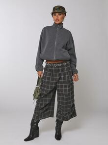 COUREZ Funnel Neck Balloon Zip Up Sweatshirt , Grunge Streetwear Casual Fall Rave Sweatshirt For Women Long Sleeve Y2K Dark Grey Everyday - Dark Grey - View 1