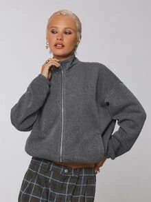 COUREZ Funnel Neck Balloon Zip Up Sweatshirt , Grunge Streetwear Casual Fall Rave Sweatshirt For Women Long Sleeve Y2K Dark Grey Everyday - Dark Grey - View 6