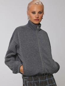 COUREZ Funnel Neck Balloon Zip Up Sweatshirt , Grunge Streetwear Casual Fall Rave Sweatshirt For Women Long Sleeve Y2K Dark Grey Everyday - Dark Grey - View 8