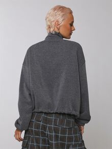 COUREZ Funnel Neck Balloon Zip Up Sweatshirt , Grunge Streetwear Casual Fall Rave Sweatshirt For Women Long Sleeve Y2K Dark Grey Everyday - Dark Grey - View 3
