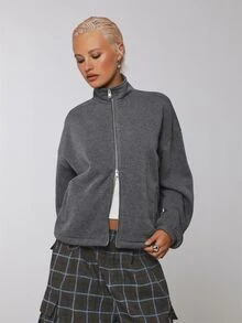 COUREZ Funnel Neck Balloon Zip Up Sweatshirt , Grunge Streetwear Casual Fall Rave Sweatshirt For Women Long Sleeve Y2K Dark Grey Everyday - Dark Grey - View 5