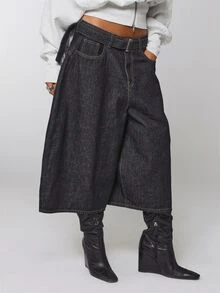 COUREZ Balloon Jorts With Belt In Rinse Wash Y2K Casual Denim Shorts For Women Summer Pants Outfits Streetwear Everyday Going Out Weekend Dark Grey - Dark Wash - View 2