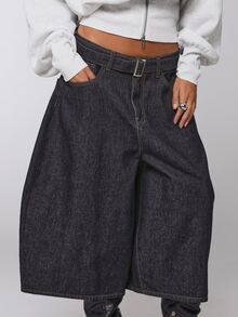 COUREZ Balloon Jorts With Belt In Rinse Wash Y2K Casual Denim Shorts For Women Summer Pants Outfits Streetwear Everyday Going Out Weekend Dark Grey - Dark Wash - View 6