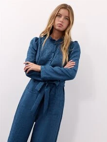 Nöista Navy Satin Jacquard Jumpsuit With Ruffled Collar, Button Front, Tie Belt And Wide Legs.Fall,Winter, Autumn,Weeding Guest, Formal,Christmas. - Royal Blue - View 6