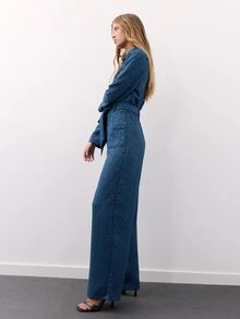 Nöista Navy Satin Jacquard Jumpsuit With Ruffled Collar, Button Front, Tie Belt And Wide Legs.Fall,Winter, Autumn,Weeding Guest, Formal,Christmas. - Royal Blue - View 2