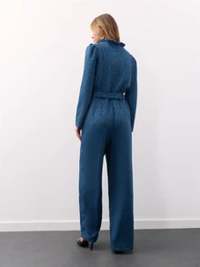 Nöista Navy Satin Jacquard Jumpsuit With Ruffled Collar, Button Front, Tie Belt And Wide Legs.Fall,Winter, Autumn,Weeding Guest, Formal,Christmas. - Royal Blue - View 3