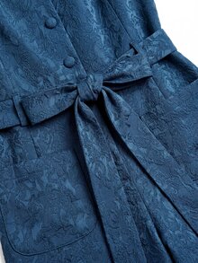 Nöista Navy Satin Jacquard Jumpsuit With Ruffled Collar, Button Front, Tie Belt And Wide Legs.Fall,Winter, Autumn,Weeding Guest, Formal,Christmas. - Royal Blue - View 12