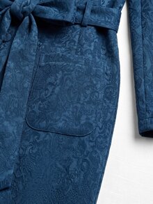 Nöista Navy Satin Jacquard Jumpsuit With Ruffled Collar, Button Front, Tie Belt And Wide Legs.Fall,Winter, Autumn,Weeding Guest, Formal,Christmas. - Royal Blue - View 14