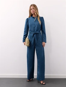 Nöista Navy Satin Jacquard Jumpsuit With Ruffled Collar, Button Front, Tie Belt And Wide Legs.Fall,Winter, Autumn,Weeding Guest, Formal,Christmas. - Royal Blue - View 4