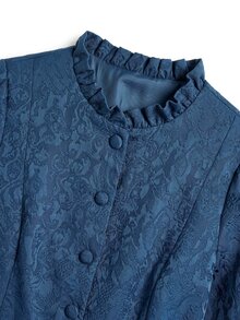 Nöista Navy Satin Jacquard Jumpsuit With Ruffled Collar, Button Front, Tie Belt And Wide Legs.Fall,Winter, Autumn,Weeding Guest, Formal,Christmas. - Royal Blue - View 15