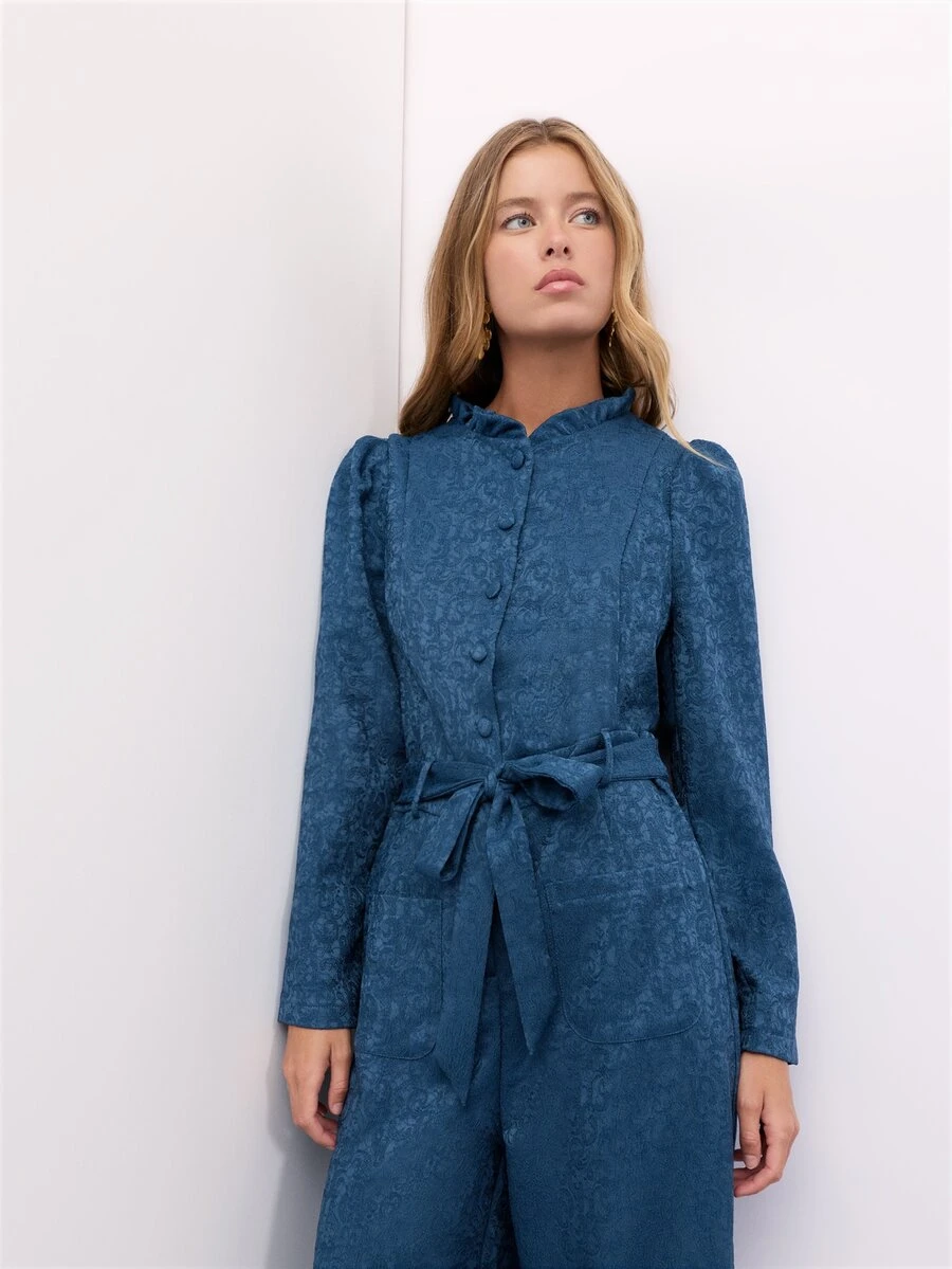 Nöista Navy Satin Jacquard Jumpsuit With Ruffled Collar, Button Front, Tie Belt And Wide Legs.Fall,Winter, Autumn,Weeding Guest, Formal,Christmas. - Royal Blue - View 1