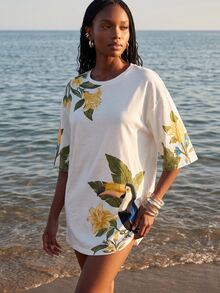 CAJUNI Gaun Kaos Motif Bunga Toucan Tropis, Potongan Longgar - MultiWarna - View 5
