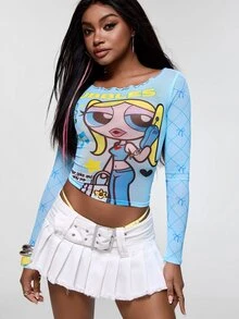 THE POWERPUFF GIRLS X SHEIN 女款字母卡通印花休閒日常長袖上衣 - 藍色 - 查看 4