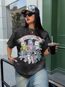 My Little Pony X SHEIN تي شيرت مقاس كبير بطبعة رسوم كرتونية لطيفة وياقة دائرية وأكمام قصيرة - أبيض - مشاهدة 3