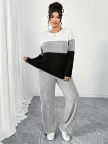Elenzga Plus Size Brushed Ribbed Contrast Color Patchwork Three-Color Crew Neck Long Sleeve Fitted T-Shirt + Brushed Ribbed Loose Pants 2-Piece Set, Elegant For Home, Outings, Dates, Gatherings, Parties - Multicolor - View 5
