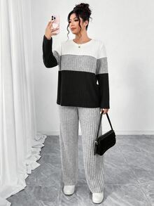 Elenzga Plus Size Brushed Ribbed Contrast Color Patchwork Three-Color Crew Neck Long Sleeve Fitted T-Shirt + Brushed Ribbed Loose Pants 2-Piece Set, Elegant For Home, Outings, Dates, Gatherings, Parties - Multicolor - View 4