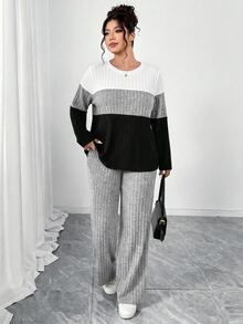 Elenzga Plus Size Brushed Ribbed Contrast Color Patchwork Three-Color Crew Neck Long Sleeve Fitted T-Shirt + Brushed Ribbed Loose Pants 2-Piece Set, Elegant For Home, Outings, Dates, Gatherings, Parties - Multicolor - View 6