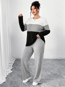 Elenzga Plus Size Brushed Ribbed Contrast Color Patchwork Three-Color Crew Neck Long Sleeve Fitted T-Shirt + Brushed Ribbed Loose Pants 2-Piece Set, Elegant For Home, Outings, Dates, Gatherings, Parties - Multicolor - View 1