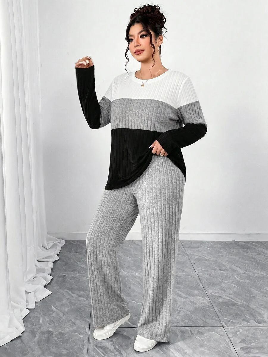 Elenzga Plus Size Brushed Ribbed Contrast Color Patchwork Three-Color Crew Neck Long Sleeve Fitted T-Shirt + Brushed Ribbed Loose Pants 2-Piece Set, Elegant For Home, Outings, Dates, Gatherings, Parties - Multicolor - View 1
