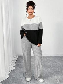 Elenzga Plus Size Brushed Ribbed Contrast Color Patchwork Three-Color Crew Neck Long Sleeve Fitted T-Shirt + Brushed Ribbed Loose Pants 2-Piece Set, Elegant For Home, Outings, Dates, Gatherings, Parties - Multicolor - View 3