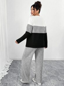 Elenzga Plus Size Brushed Ribbed Contrast Color Patchwork Three-Color Crew Neck Long Sleeve Fitted T-Shirt + Brushed Ribbed Loose Pants 2-Piece Set, Elegant For Home, Outings, Dates, Gatherings, Parties - Multicolor - View 2