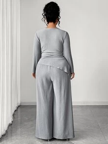 SHEIN Elenzya Plus Size Women Solid Color Pleated Long Sleeve Top And Wide Leg Pants Casual Elegant Daily Set Fall Brunch Party Grey Evening - Grey - View 2