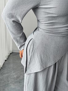 SHEIN Elenzya Plus Size Women Solid Color Pleated Long Sleeve Top And Wide Leg Pants Casual Elegant Daily Set Fall Brunch Party Grey Evening - Grey - View 5