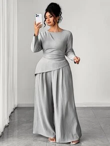 SHEIN Elenzya Plus Size Women Solid Color Pleated Long Sleeve Top And Wide Leg Pants Casual Elegant Daily Set Fall Brunch Party Grey Evening - Grey - View 4