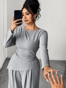 SHEIN Elenzya Plus Size Women Solid Color Pleated Long Sleeve Top And Wide Leg Pants Casual Elegant Daily Set Fall Brunch Party Grey Evening - Grey - View 6